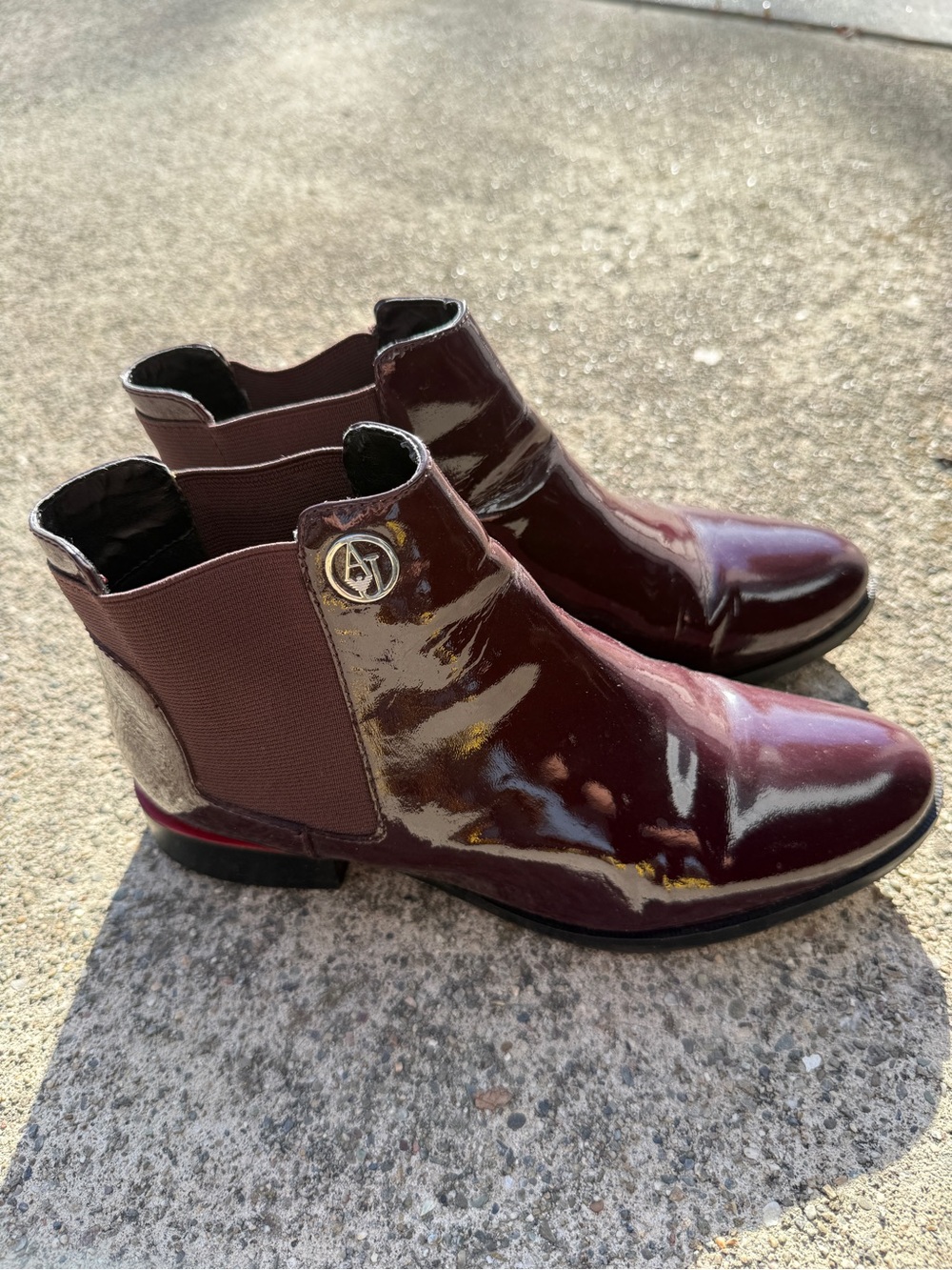Armani Exchange Patent Chelsea Ankle Boots in Deep Burgundy